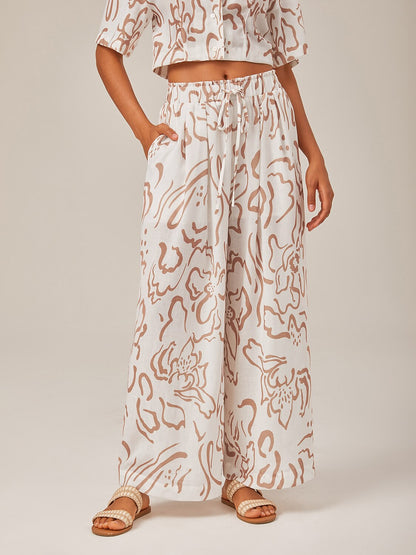 Artistic Print Elastic Linen-Like Wide-Leg Pants