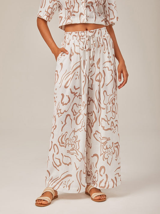 Artistic Print Elastic Linen-Like Wide-Leg Pants