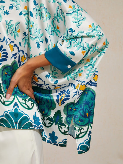 Jade Palace Garden Silky Satin Batwing Top