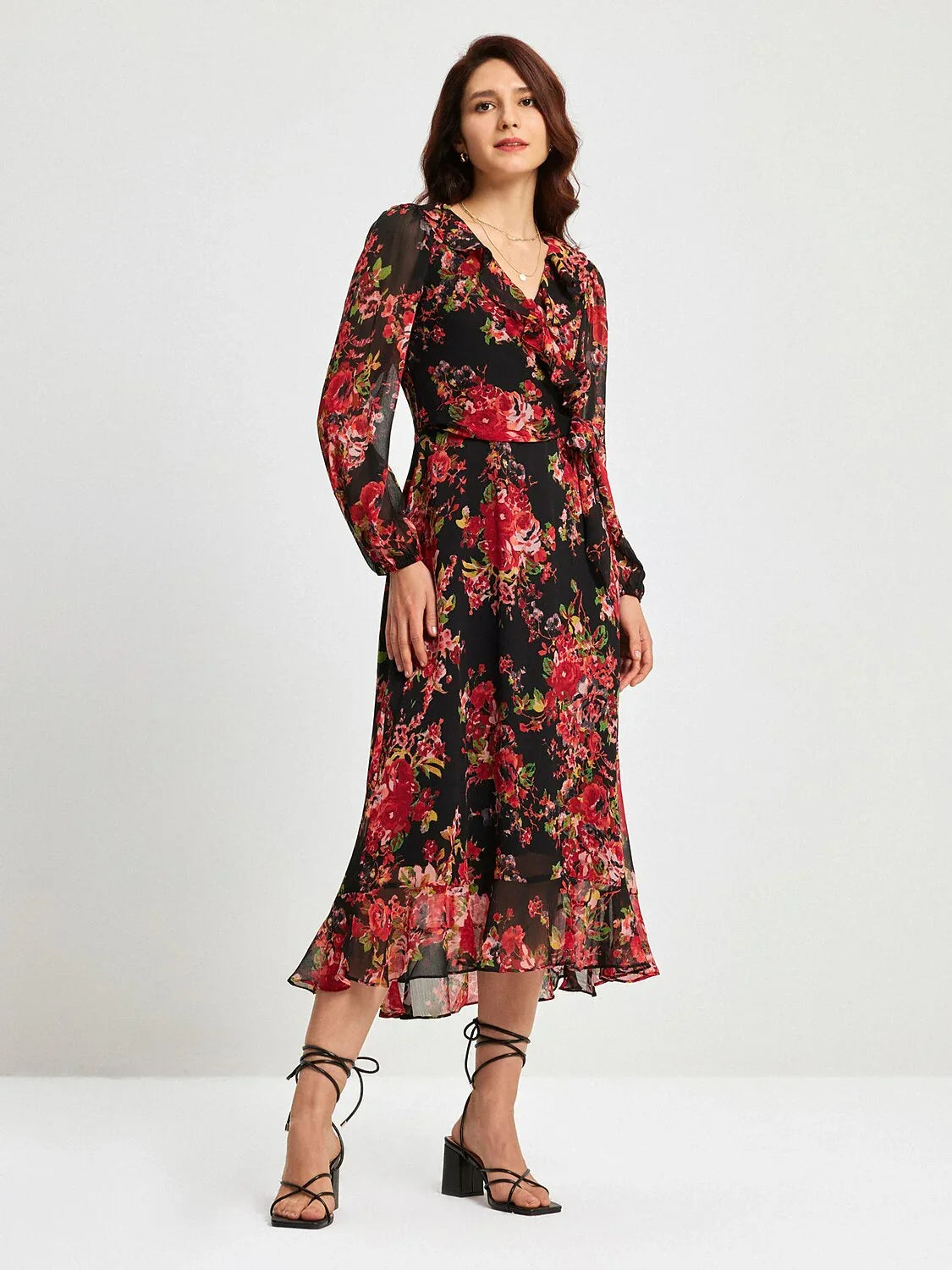 Chiffon Floral Print Adjustable Waist Maxi Dress
