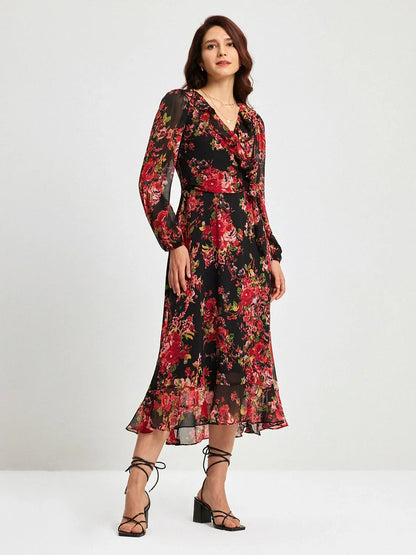 Chiffon Floral Print Adjustable Waist Maxi Dress