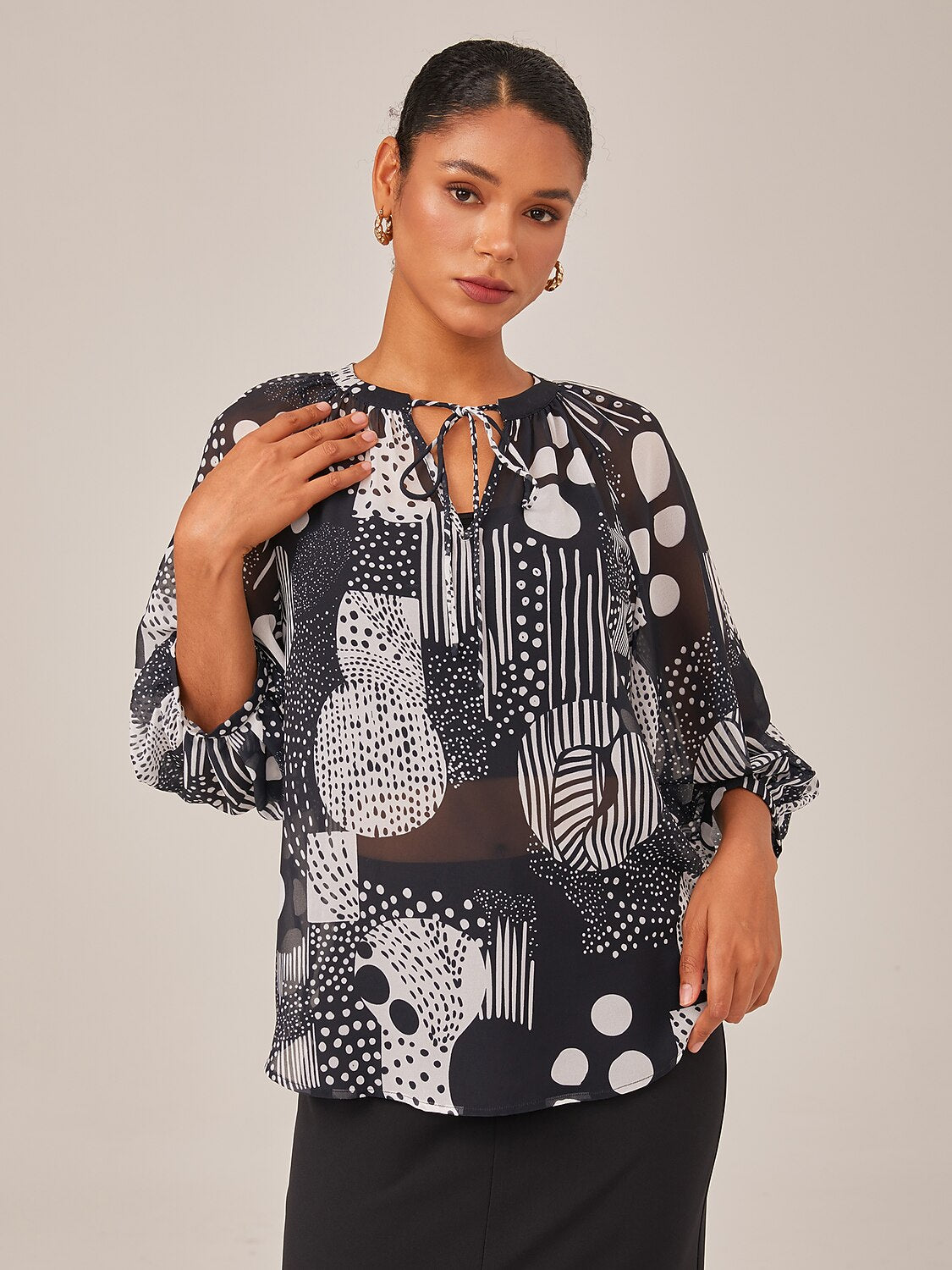 Abstract Print Puff Sleeve V-Neck Chiffon Blouse