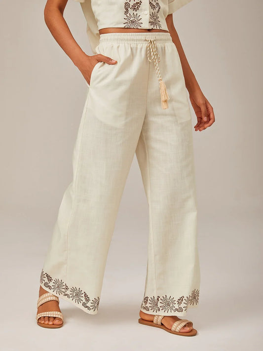 Linen Print Wide-Leg Pants