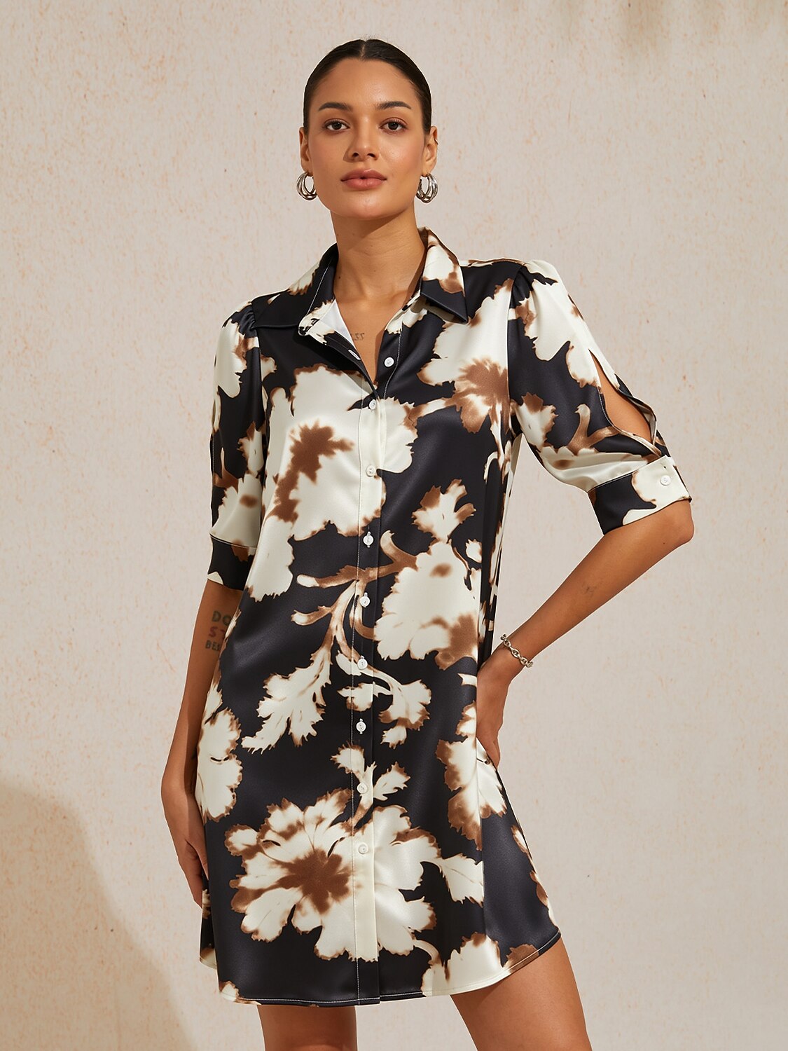 Sepia Noir Bloom Silky Satin Shirt Dress