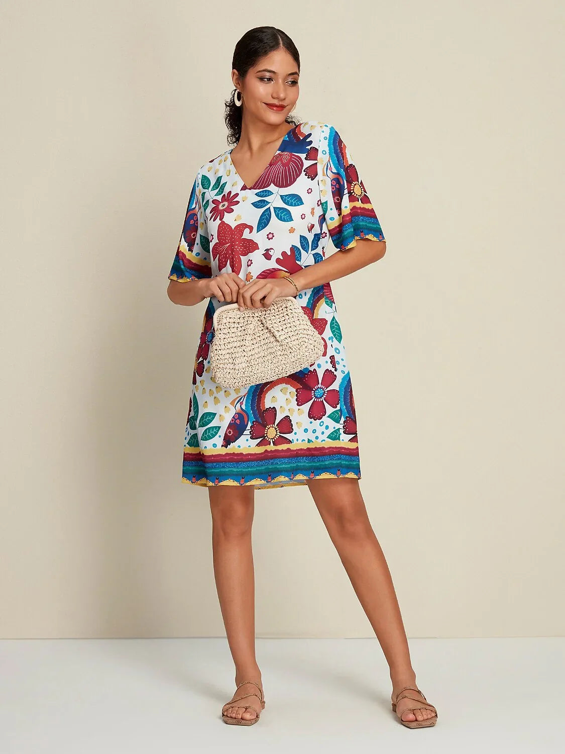 Satin Floral Print Half Sleeve V Neck Mini Dress