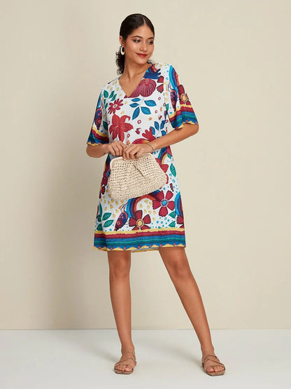 Satin Floral Print Half Sleeve V Neck Mini Dress