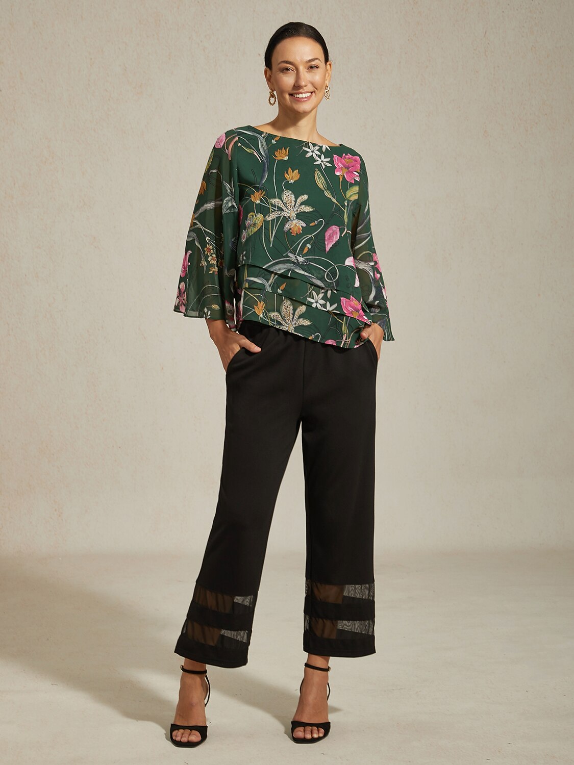 Floral Print Half Sleeve Round Neck Layered Chiffon Blouse