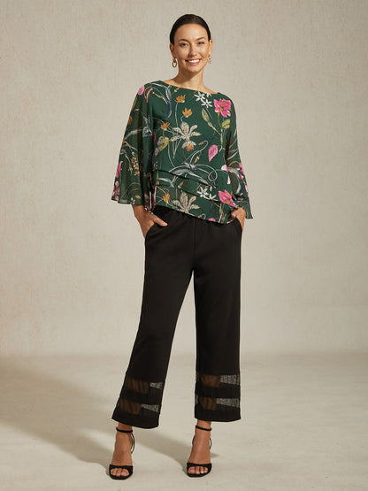 Floral Print Half Sleeve Round Neck Layered Chiffon Blouse