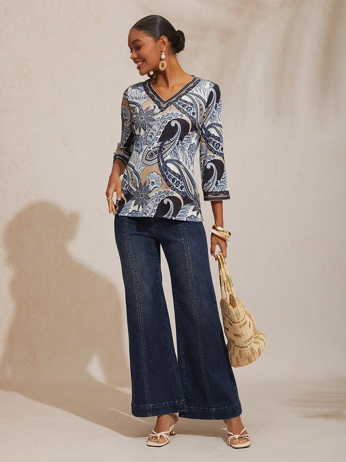 Abstract Paisley Pattern High Stretch Knit Top