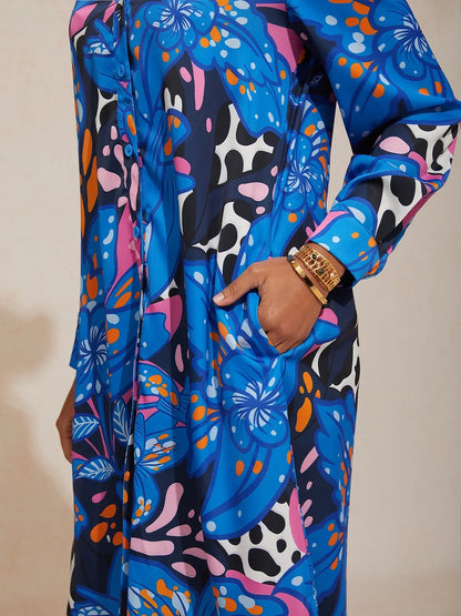 Abstract Azure Silky Satin Dot Shirt Dress