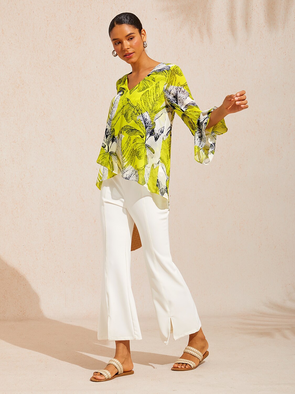 Citrus Palm Luxe Flowy Chiffon Blouse