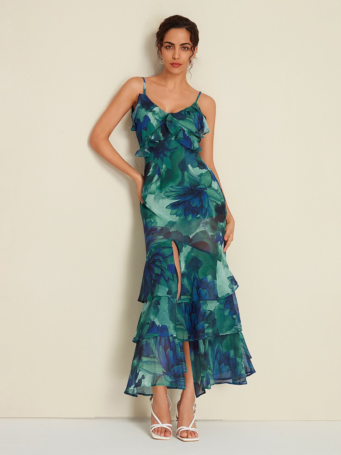 Vestido Maxi sin Mangas con Estampado Floral de Gasa y Volantes con Aberturas