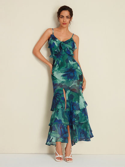 Vestido Maxi sin Mangas con Estampado Floral de Gasa y Volantes con Aberturas