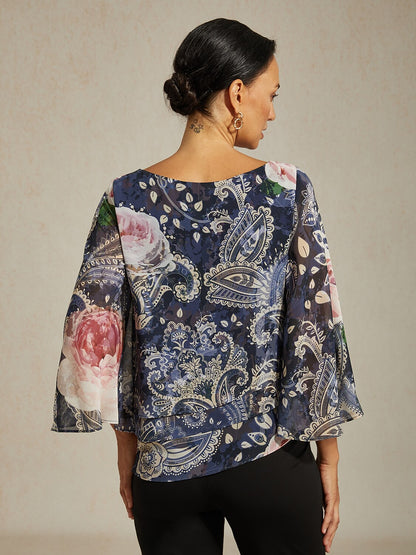 Green Paisley Botanical Print Layered Chiffon Blouse
