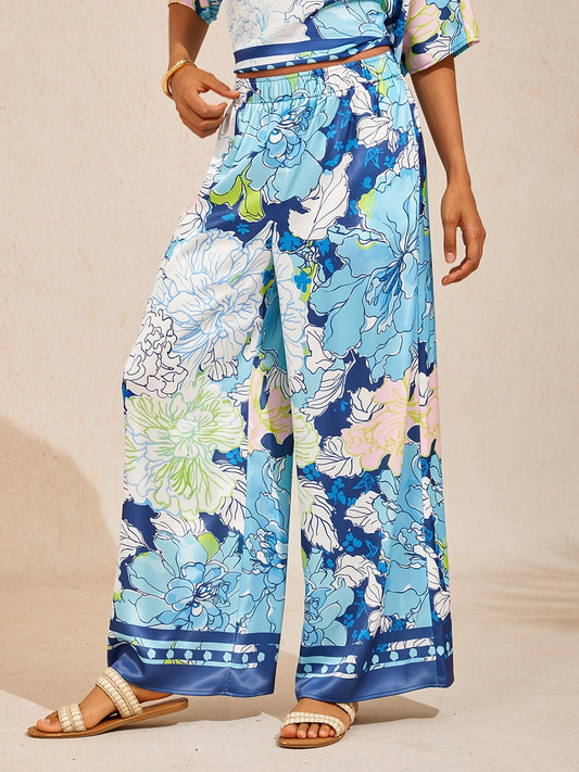 Pastel Wash Peony Silky Satin Wide Leg Pants