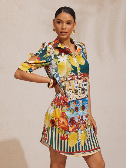 Mallorca Blossom Silky Satin Straight Shirt Dress