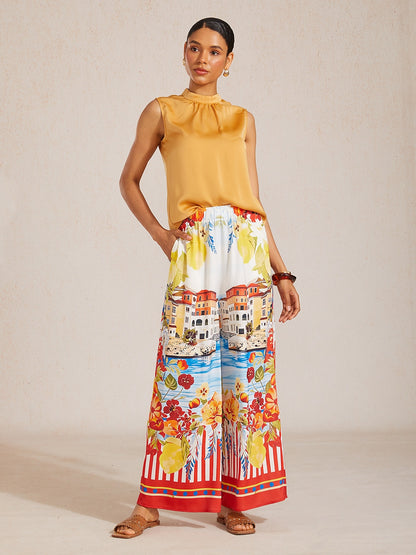 Azure Leaves Silky Satin Wide Leg Pants