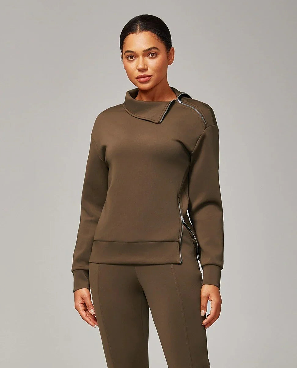 Brown Stretch Knit Zip Slit High Neck Top