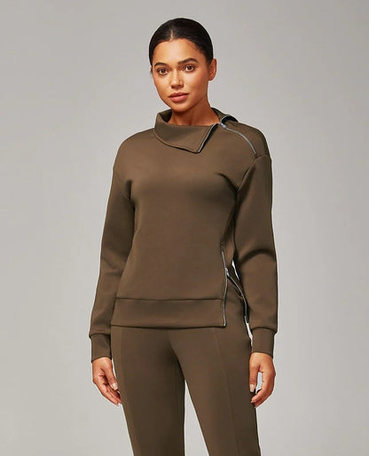 Brown Stretch Knit Zip Slit High Neck Top