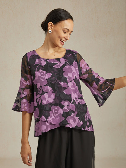 Purple Floral Print Round Neck Chiffon Blouse