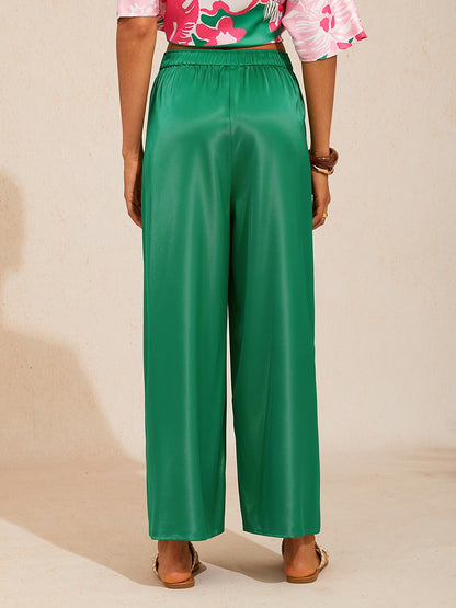 Silky Satin Green Elastic Waist Wide Leg Pants