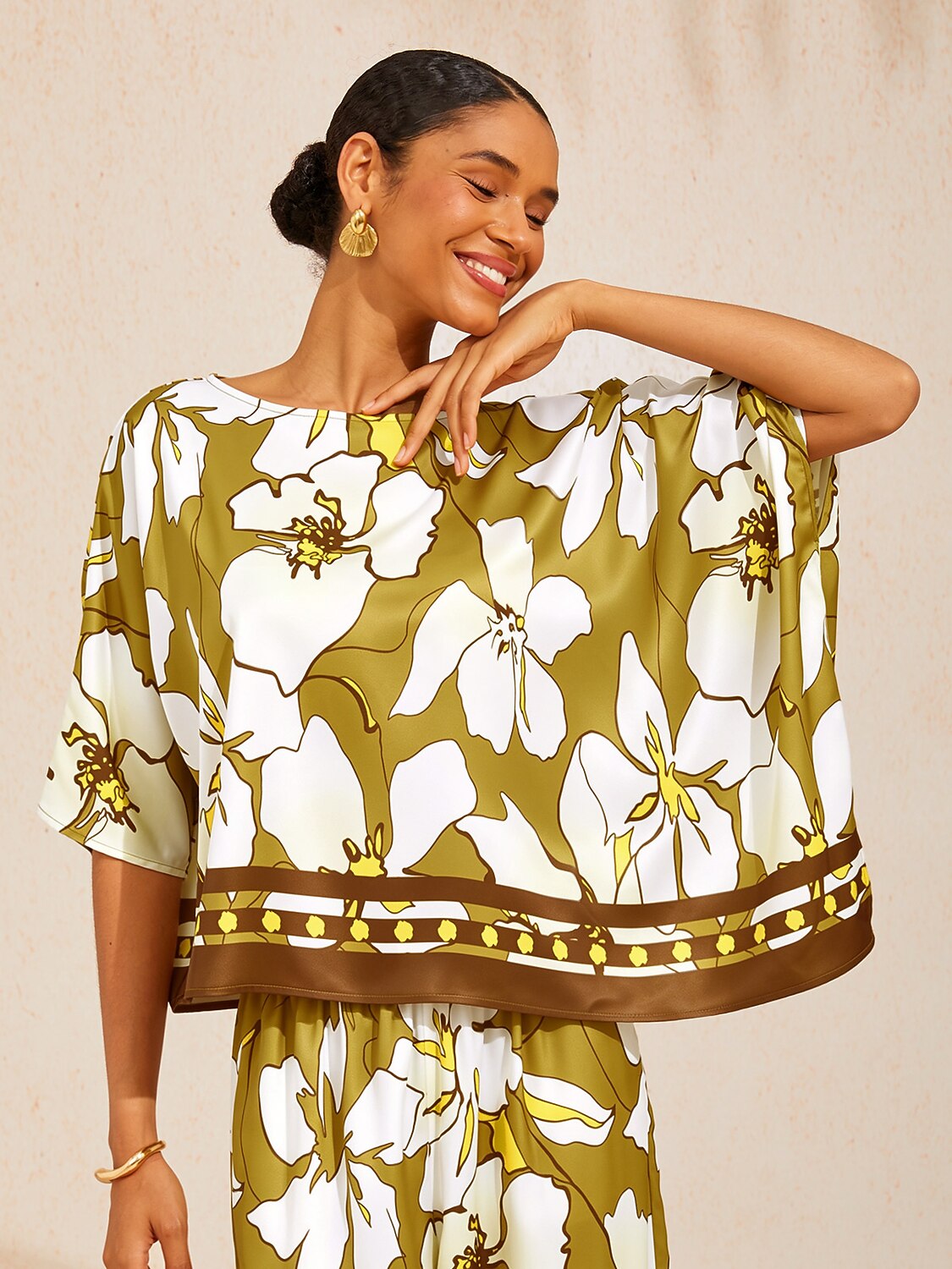 Golden Petal Glow Silky Satin Batwing Top