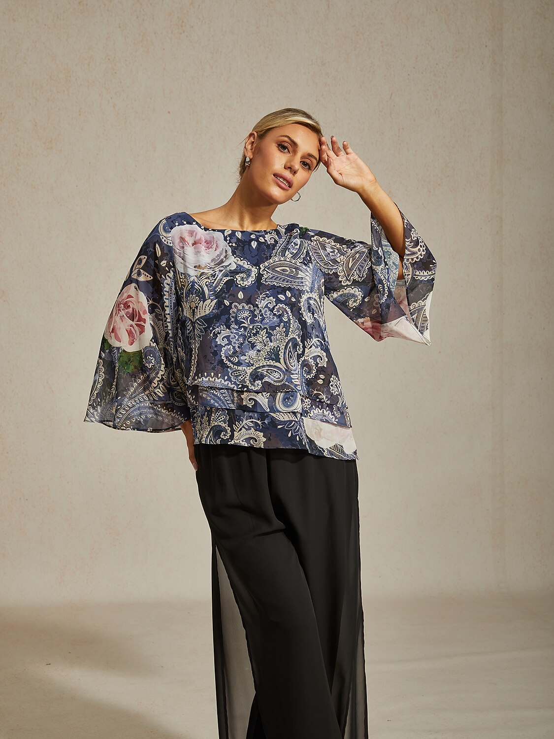 Green Paisley Botanical Print Layered Chiffon Blouse