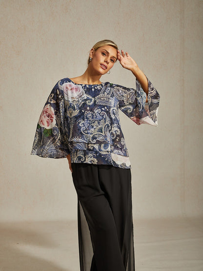 Green Paisley Botanical Print Layered Chiffon Blouse