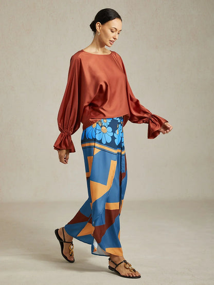 Satin Geometric Print Swing Full Length Micro-Elastic Pants