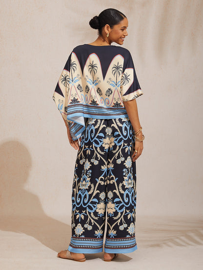 Summer Night Palm Silky Satin Dolman Sleeve Batwing Top