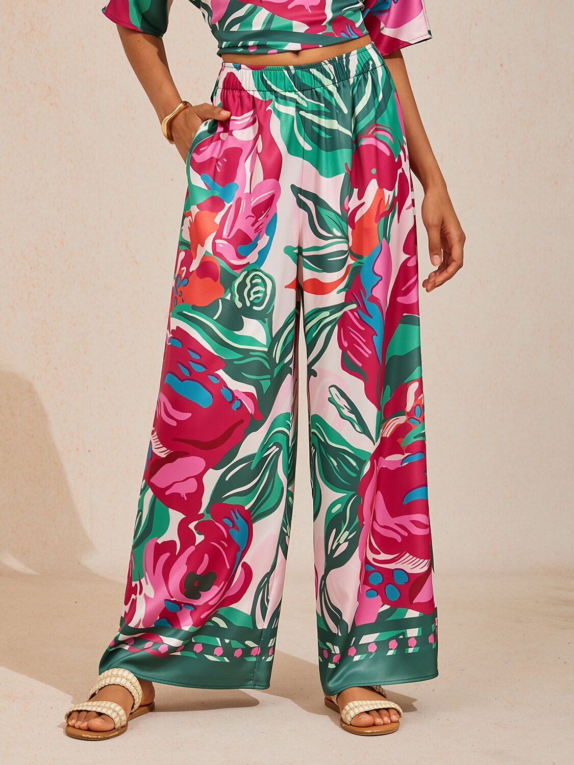 Fiery Pink Rose Silky Satin Wide Leg Pants