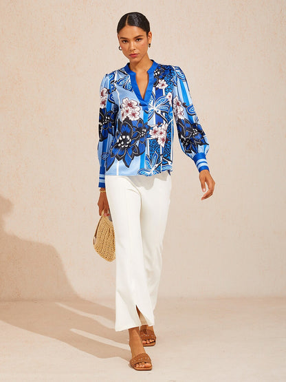 Azure Bloom Silky Satin Blouse