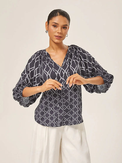 Monochrome Print Lantern Sleeve Top