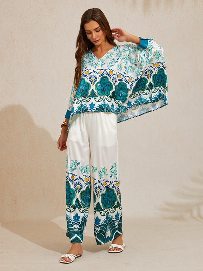 Jade Palace Garden Silky Satin Batwing Top