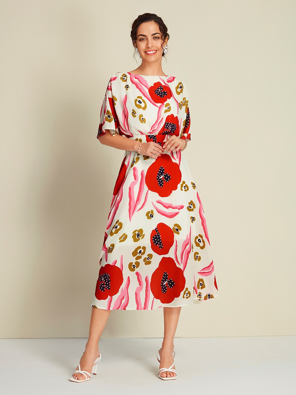 Floral Elastic Waist Half Sleeve Midi Dress