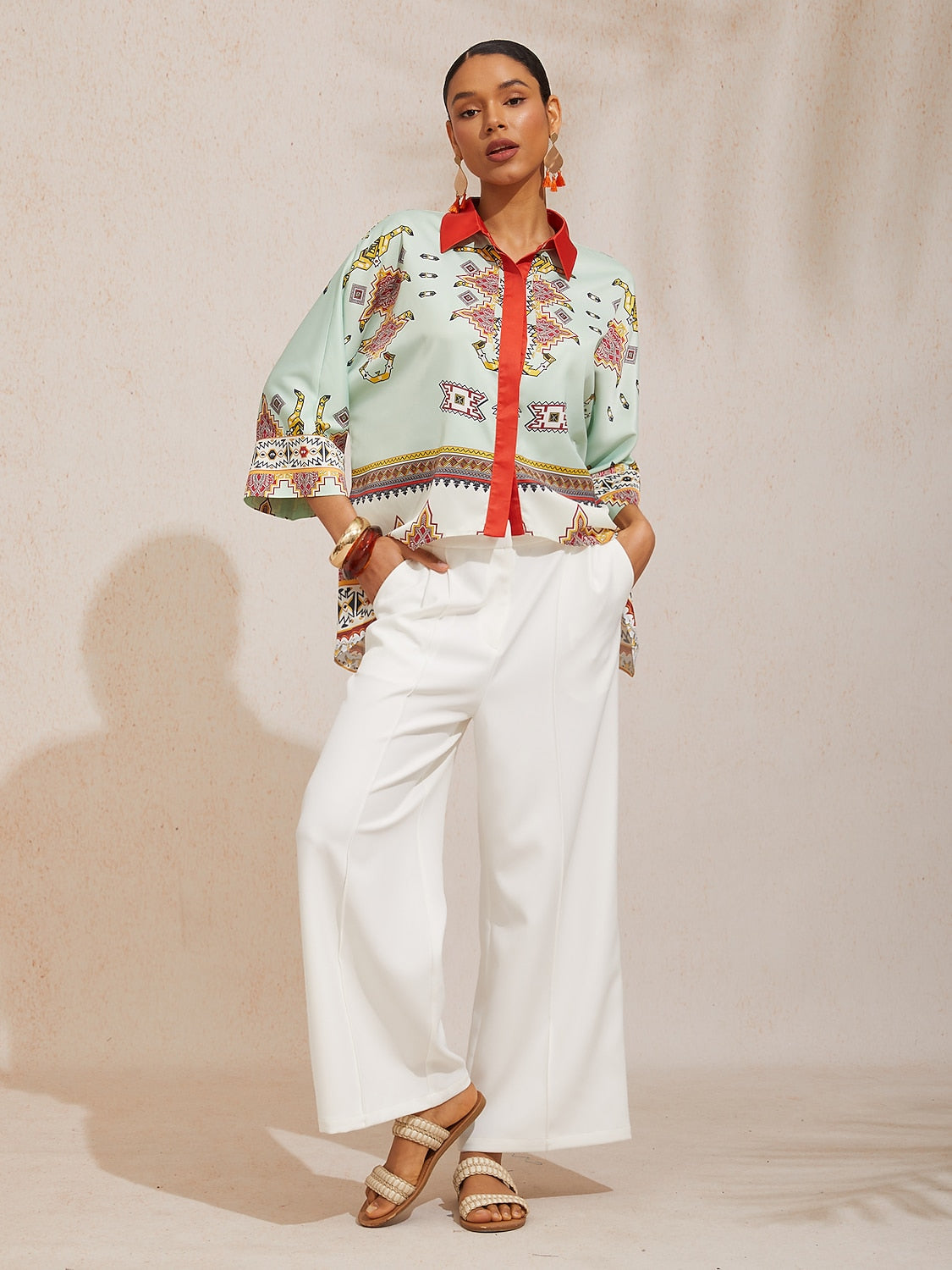 Balearic Islands Blue Silky Satin Dolman Sleeve Button Down Shirt