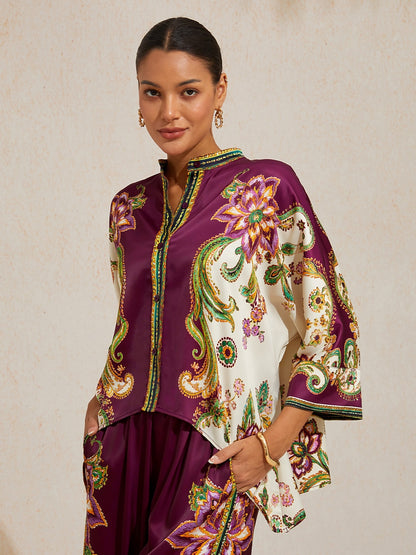 Burgundy Paisley Silky Satin Batwing Top