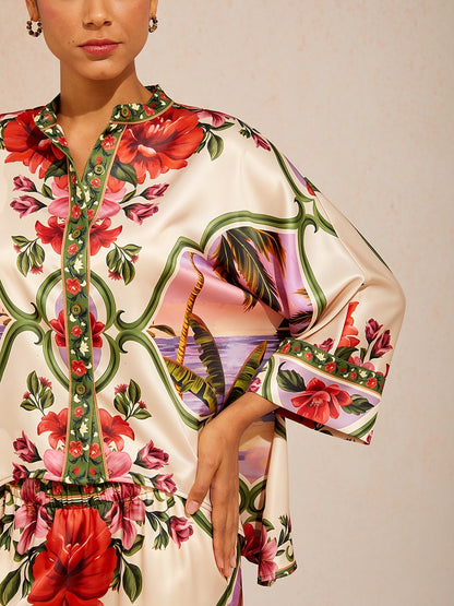 Hawaii Palm Silky Satin batwing top