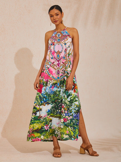 Rosa Dschungel-Party Maxikleid aus seidigem Satin mit Rautenmuster