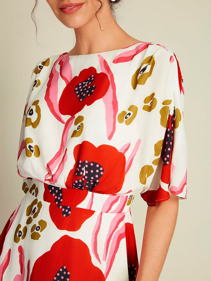 Floral Elastic Waist Half Sleeve Midi Dress
