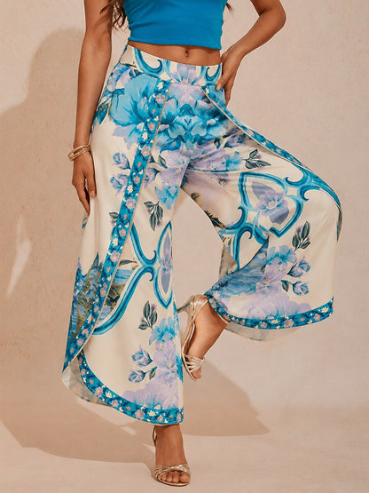 Hawaii Palm Satin Slit Wide Leg Pants
