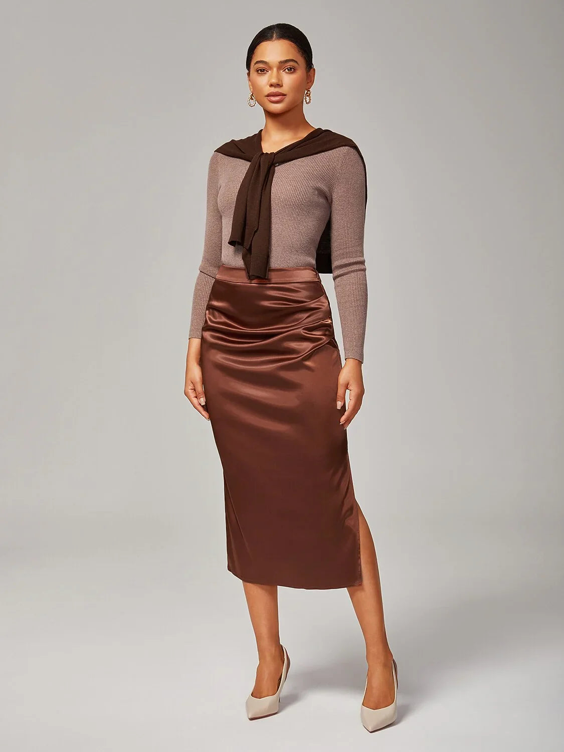 Stretch Pearlescent Satin Midi Skirt
