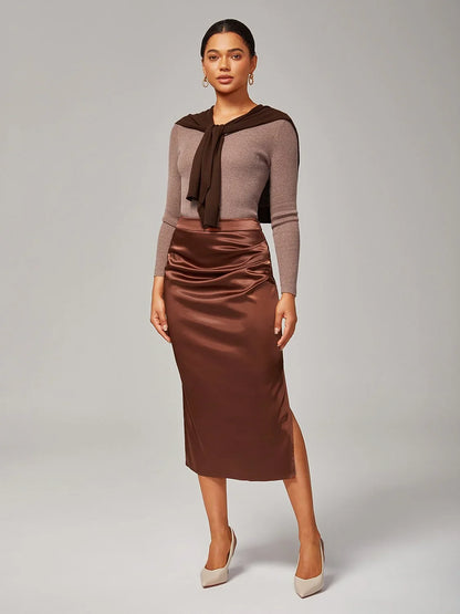 Stretch Pearlescent Satin Midi Skirt