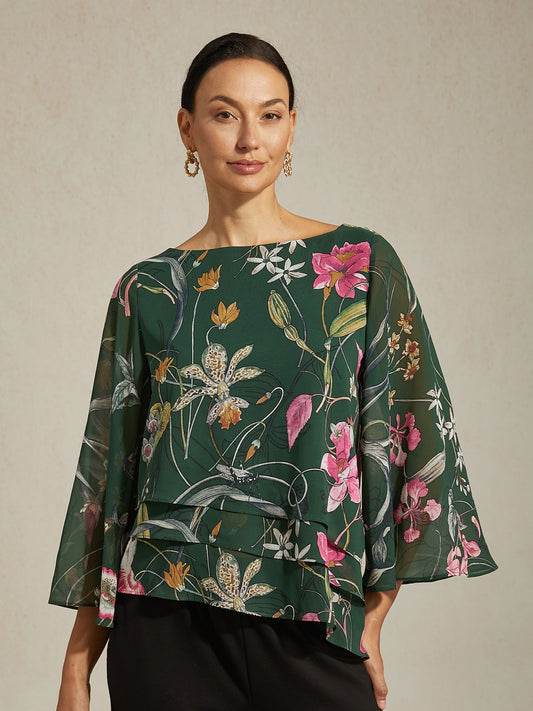 Floral Print Half Sleeve Round Neck Layered Chiffon Blouse
