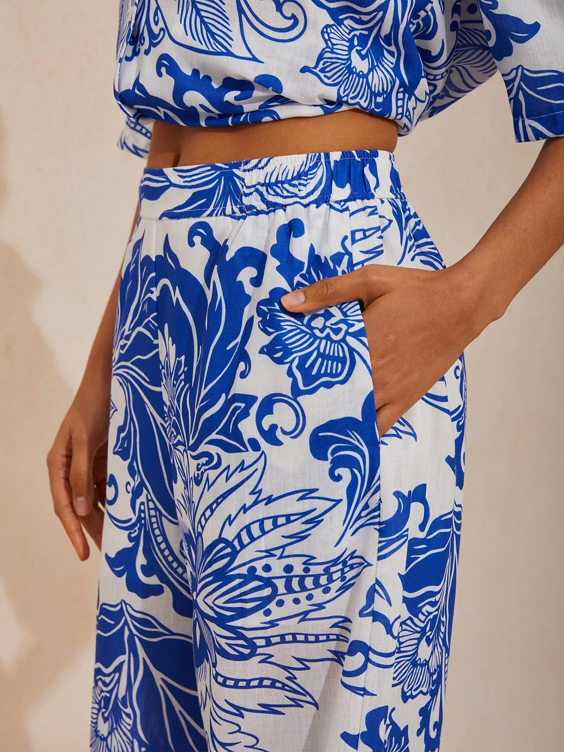 St Barth Blooms Airy Linen Look Blue Wide-Leg Pants