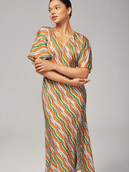 V-Neck Side Slit Ripple Print Dress