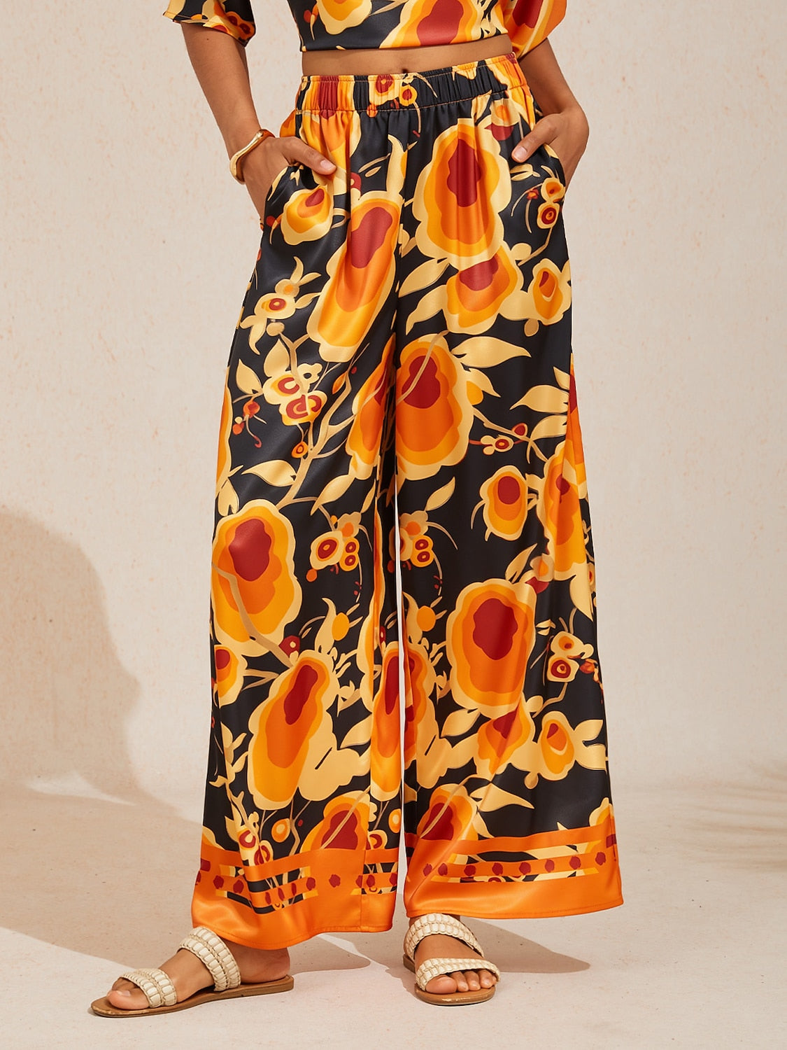 Sun Ember Silky Satin Wide Leg Pants