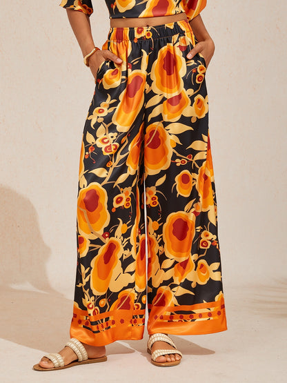 Sun Ember Silky Satin Wide Leg Pants