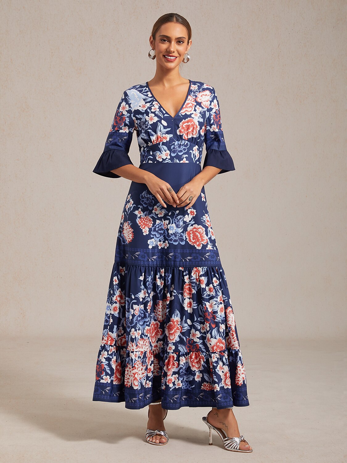 Satin V-Neck Tiered Hem Floral Print Vacation Maxi Dress
