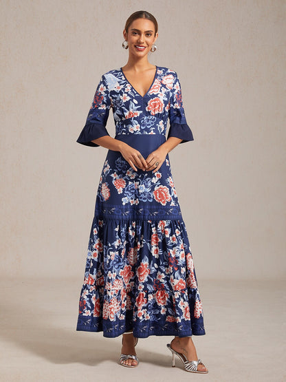 Satin V-Neck Tiered Hem Floral Print Vacation Maxi Dress